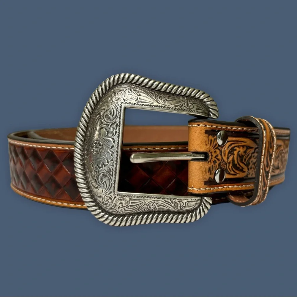 NOCONA Dark Brown & Cognac Diamond Patrern Floral Tooled  Leather Belt 46